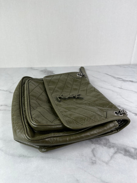 SAINT LAURENT Military Olive Crinkled Lambskin Matelasse Monogram Medium Niki Chain Shoulder/Crossbody Bag