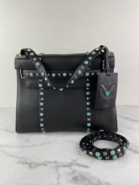 VALENTINO Black Alce Calfskin My Rockstud Rolling Frame Crossbody/Shoulder Bag