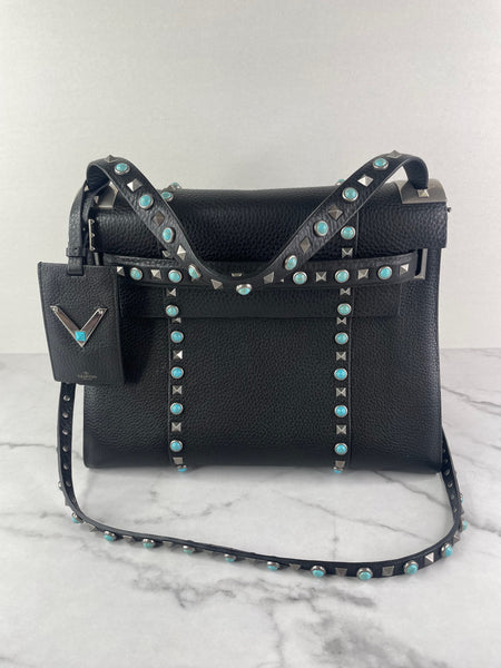 VALENTINO Black Alce Calfskin My Rockstud Rolling Frame Crossbody/Shoulder Bag