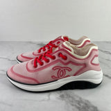 CHANEL White/Red Mesh Lycra Womens CC Logo Sneakers Size 38.5