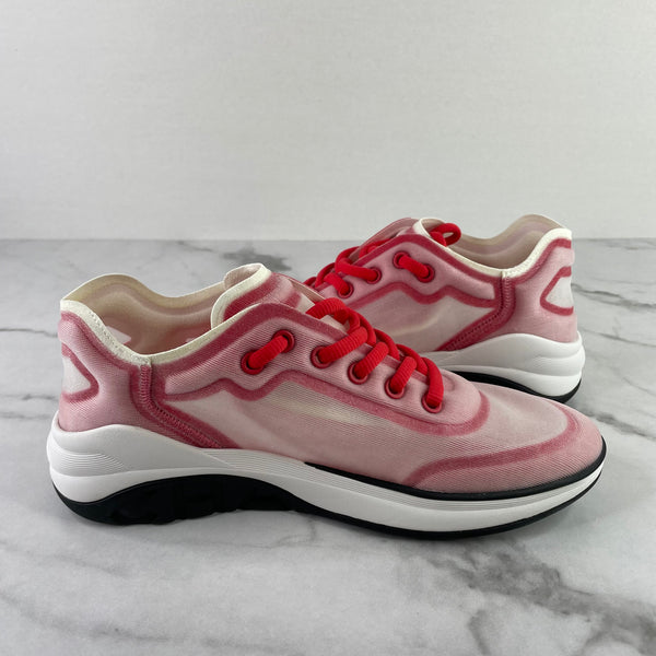 CHANEL White/Red Mesh Lycra Womens CC Logo Sneakers Size 38.5