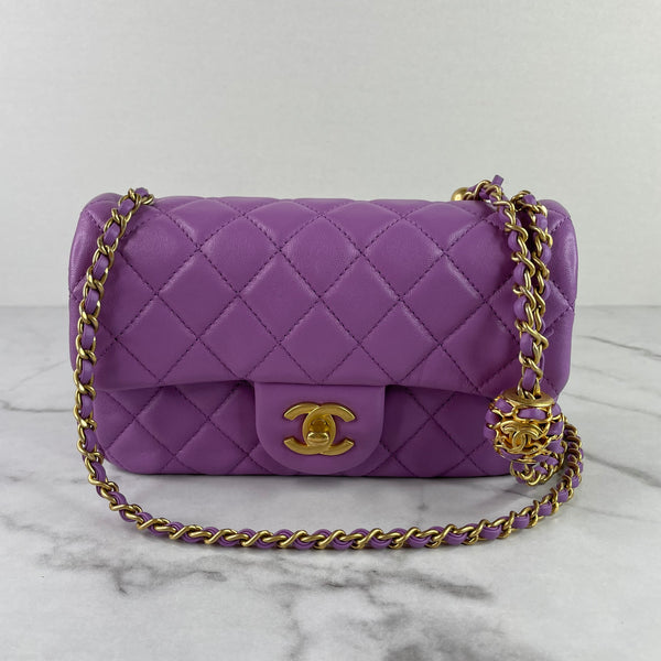 CHANEL Purple Lambskin Quilted CC Pearl Crush Mini Rectangular Flap Bag