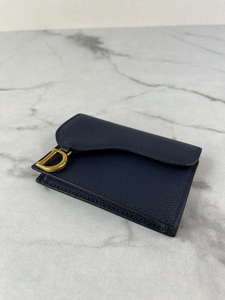 Christian Dior Saddle Bloom Navy Blue Grained Calfskin Card Holder