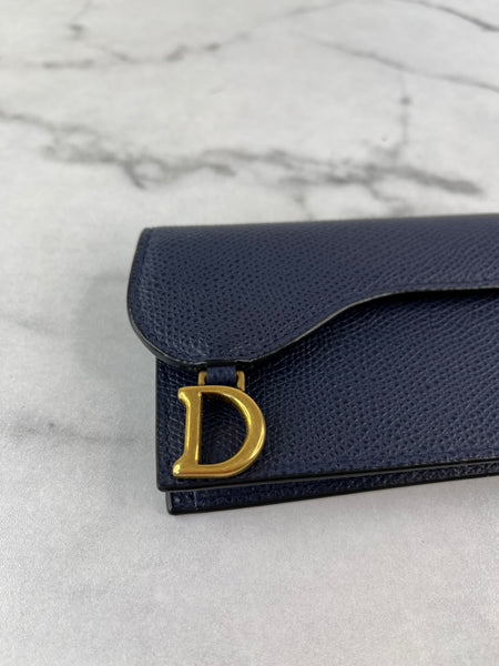 Christian Dior Saddle Bloom Navy Blue Grained Calfskin Card Holder