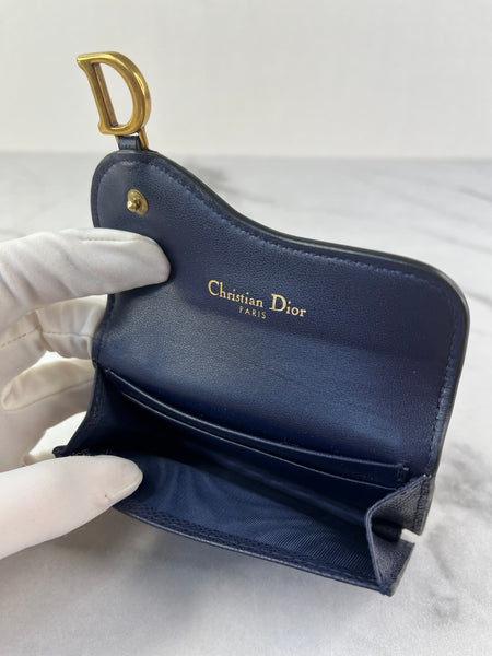 Christian Dior Saddle Bloom Navy Blue Grained Calfskin Card Holder