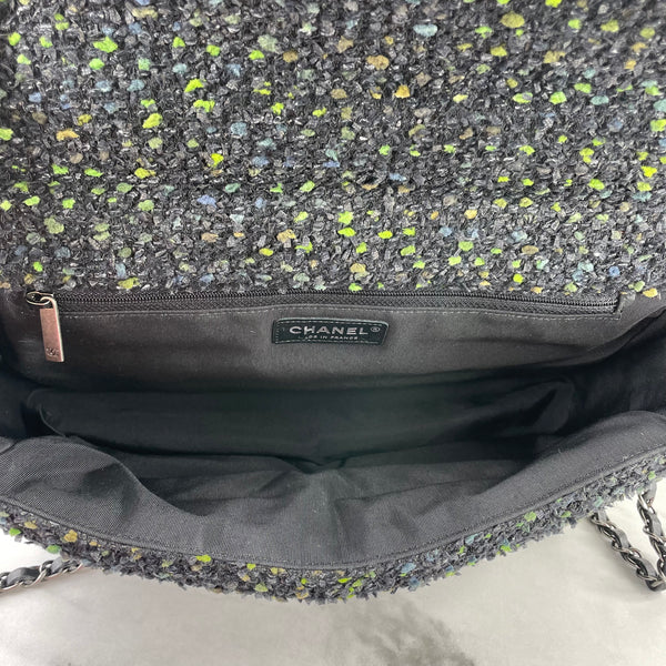 CHANEL Black / Green Multicolor Tweed Flap Shoulder Bag