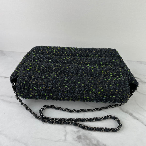 CHANEL Black / Green Multicolor Tweed Flap Shoulder Bag