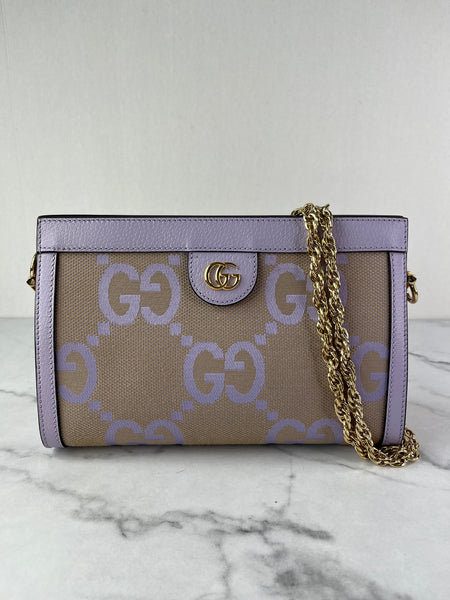 GUCCI Beige Lapis Monogram Jumbo GG Textured Dollar Calfskin Small Ophidia Chain Shoulder/Crossbody Bag