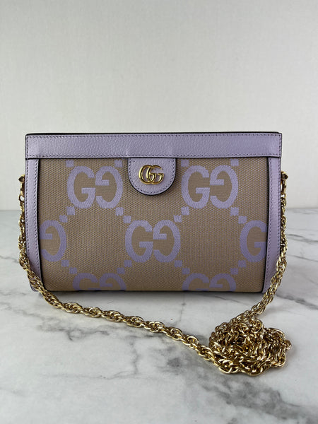 GUCCI Beige Lapis Monogram Jumbo GG Textured Dollar Calfskin Small Ophidia Chain Shoulder/Crossbody Bag