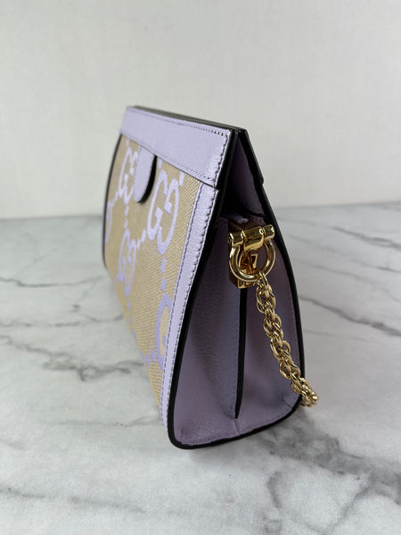 GUCCI Beige Lapis Monogram Jumbo GG Textured Dollar Calfskin Small Ophidia Chain Shoulder/Crossbody Bag