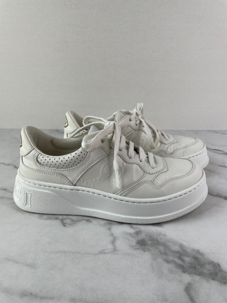 GUCCI White Calfskin GG Tennis Embossed Perforated Womens Platform Sneakers Size 37