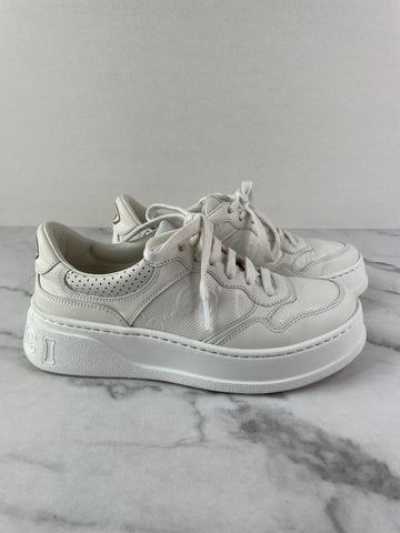 GUCCI White Calfskin GG Tennis Embossed Perforated Womens Platform Sneakers Size 37