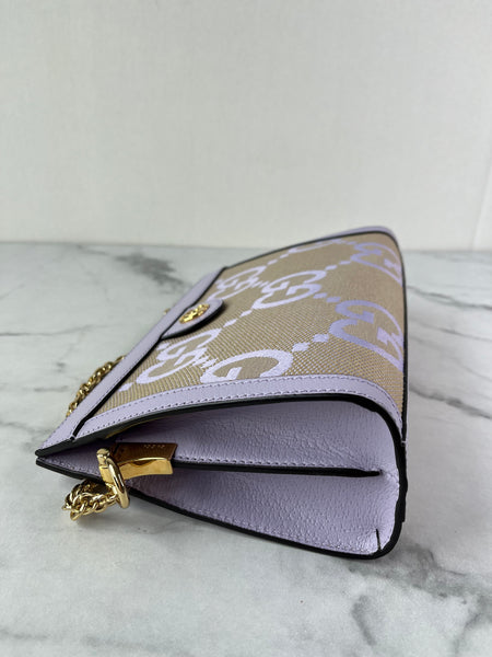 GUCCI Beige Lapis Monogram Jumbo GG Textured Dollar Calfskin Small Ophidia Chain Shoulder/Crossbody Bag