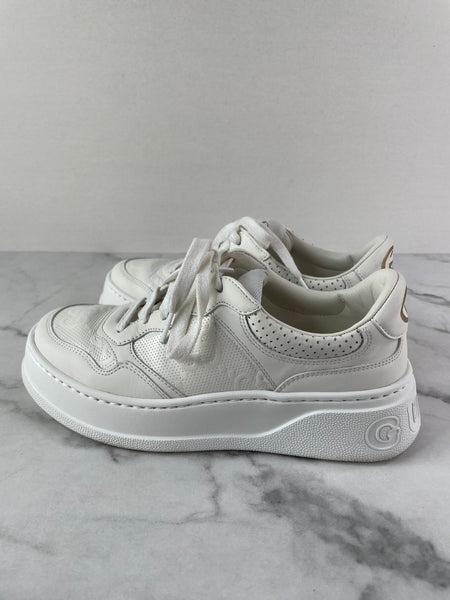 GUCCI White Calfskin GG Tennis Embossed Perforated Womens Platform Sneakers Size 37