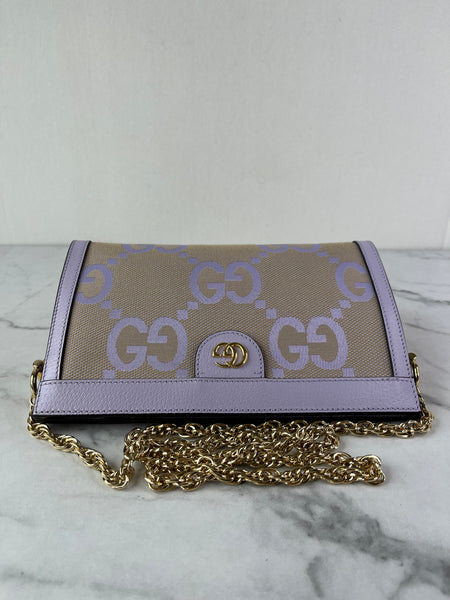 GUCCI Beige Lapis Monogram Jumbo GG Textured Dollar Calfskin Small Ophidia Chain Shoulder/Crossbody Bag