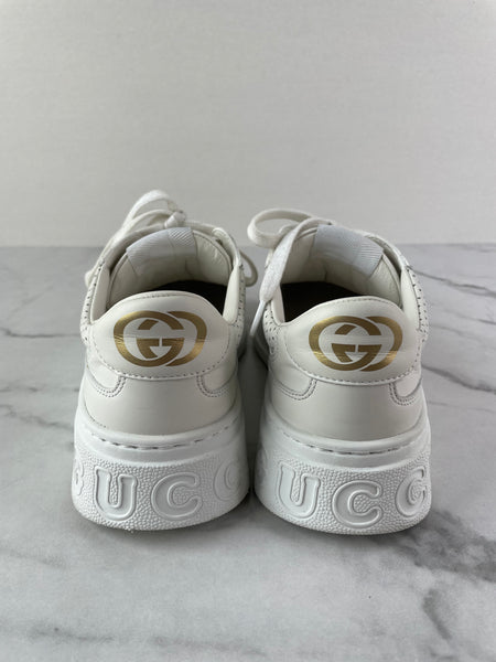 GUCCI White Calfskin GG Tennis Embossed Perforated Womens Platform Sneakers Size 37