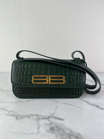 Balenciaga Dark Green Crocodile Embossed Small Gossip Shoulder/Crossbody Bag