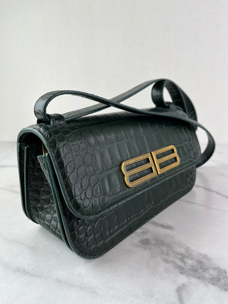 Balenciaga Dark Green Crocodile Embossed Small Gossip Shoulder/Crossbody Bag
