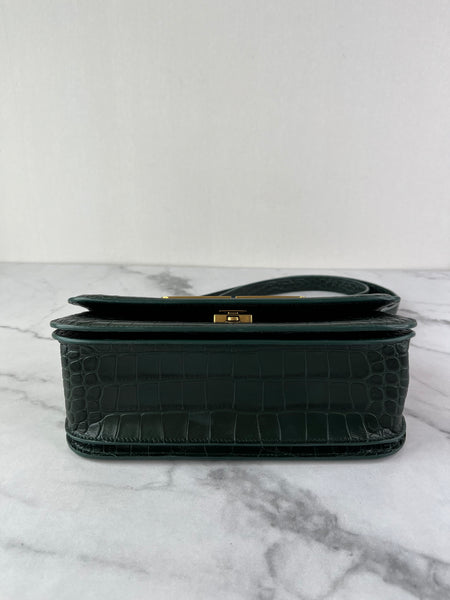 Balenciaga Dark Green Crocodile Embossed Small Gossip Shoulder/Crossbody Bag