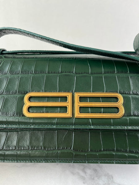 Balenciaga Dark Green Crocodile Embossed Small Gossip Shoulder/Crossbody Bag