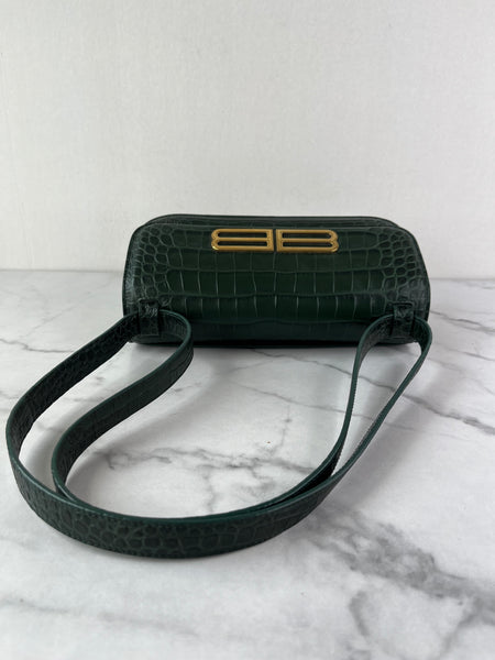 Balenciaga Dark Green Crocodile Embossed Small Gossip Shoulder/Crossbody Bag