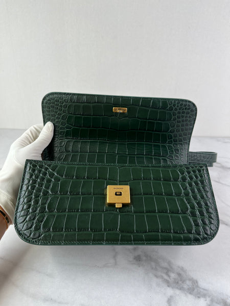 Balenciaga Dark Green Crocodile Embossed Small Gossip Shoulder/Crossbody Bag