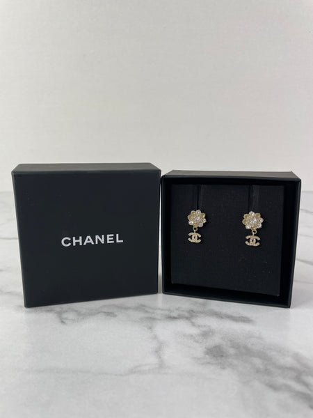 CHANEL CC Flower Drop Earrings Metal and Crystals