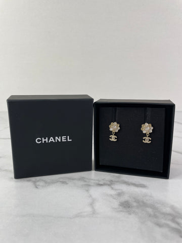 CHANEL CC Flower Drop Earrings Metal and Crystals
