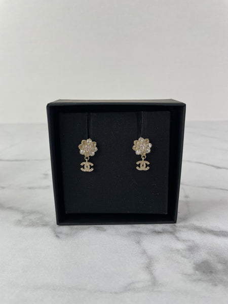 CHANEL CC Flower Drop Earrings Metal and Crystals