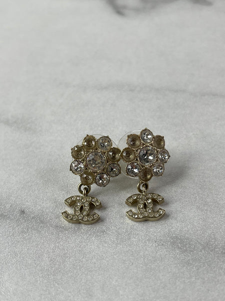 CHANEL CC Flower Drop Earrings Metal and Crystals