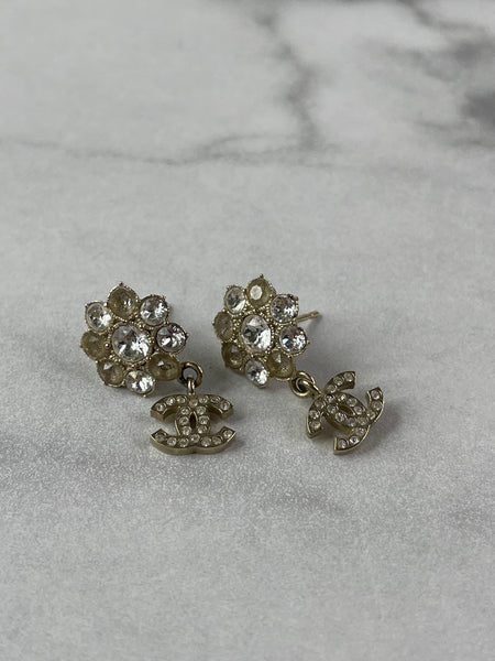CHANEL CC Flower Drop Earrings Metal and Crystals