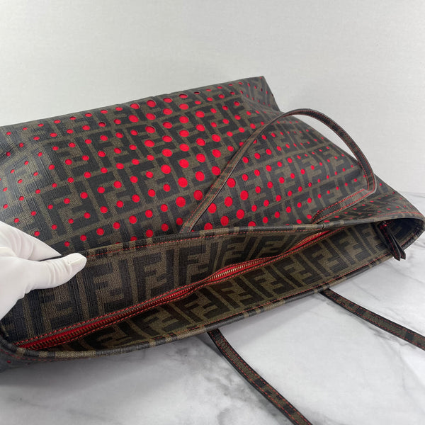 FENDI Brown/Red Perforated Zucca Spalmati Roll Tote Shoulder Bag
