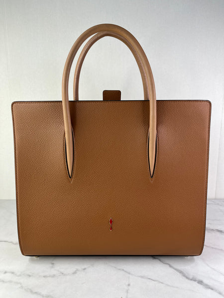 Christian Louboutin Tan Brown Grained & Patent Leather Studded Large Paloma Tote