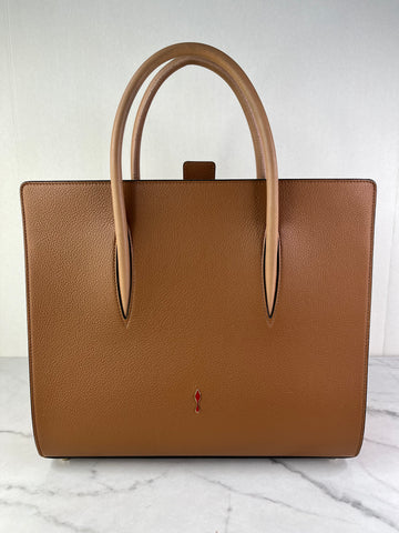 Christian Louboutin Tan Brown Grained & Patent Leather Studded Large Paloma Tote