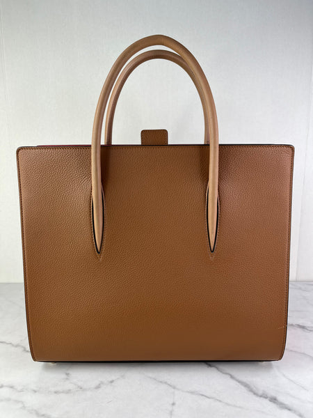 Christian Louboutin Tan Brown Grained & Patent Leather Studded Large Paloma Tote
