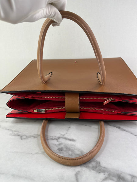 Christian Louboutin Tan Brown Grained & Patent Leather Studded Large Paloma Tote