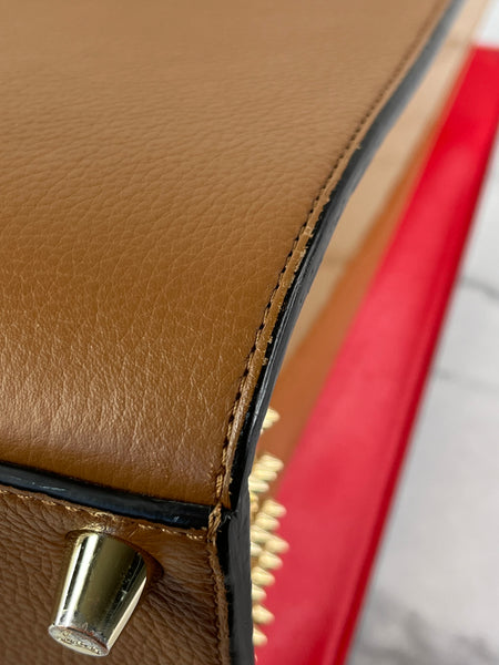 Christian Louboutin Tan Brown Grained & Patent Leather Studded Large Paloma Tote
