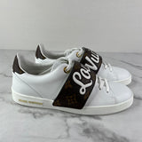 LOUIS VUITTON White Leather and Monogram Canvas Logo Strap Frontrow Sneakers Size 36