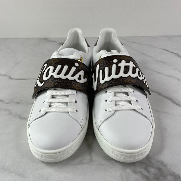 LOUIS VUITTON White Leather and Monogram Canvas Logo Strap Frontrow Sneakers Size 36