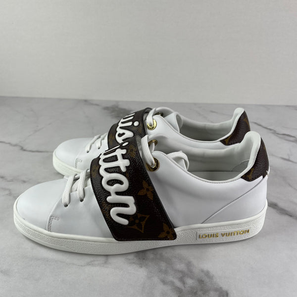 LOUIS VUITTON White Leather and Monogram Canvas Logo Strap Frontrow Sneakers Size 36