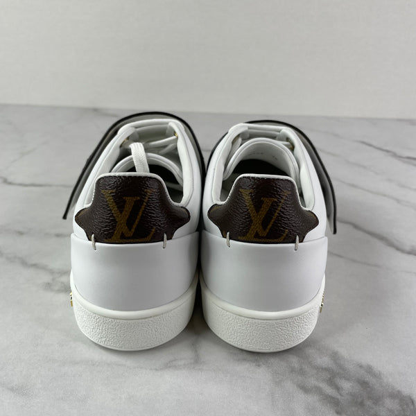 LOUIS VUITTON White Leather and Monogram Canvas Logo Strap Frontrow Sneakers Size 36