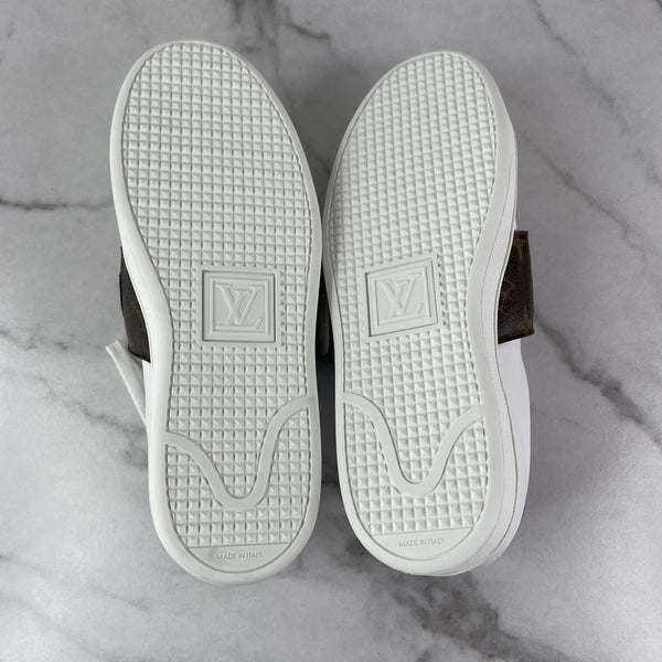 LOUIS VUITTON White Leather and Monogram Canvas Logo Strap Frontrow Sneakers Size 36