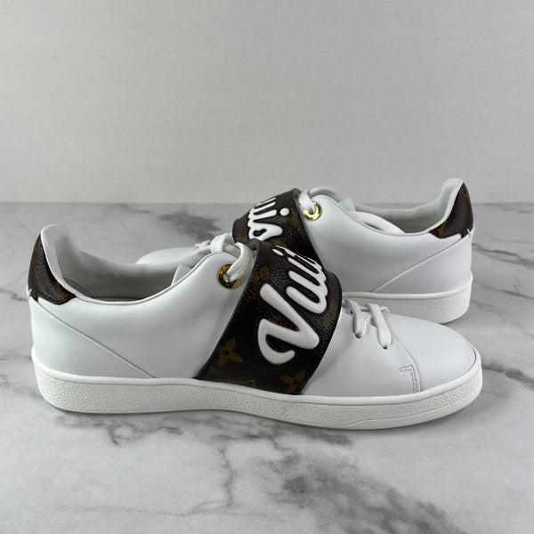 LOUIS VUITTON White Leather and Monogram Canvas Logo Strap Frontrow Sneakers Size 36