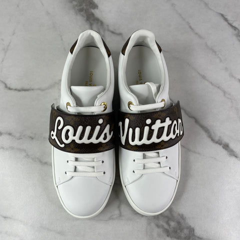 LOUIS VUITTON White Leather and Monogram Canvas Logo Strap Frontrow Sneakers Size 36