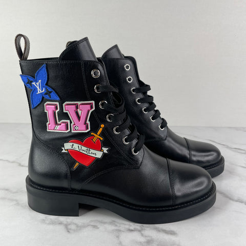 LOUIS VUITTON Black Calfskin LV Black Heart Flat Ranger Boots Size 36