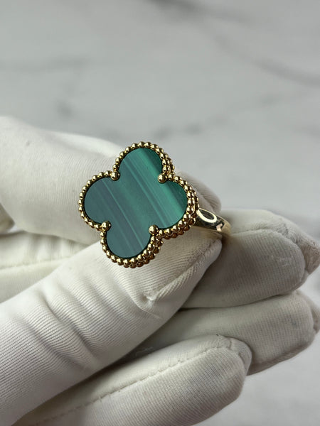 VAN CLEEF & ARPELS 18K Yellow Gold Malachite Magic Alhambra Ring Size 55