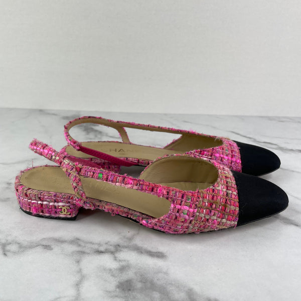 CHANEL Pink Tweed CC Logo Flats Size 37