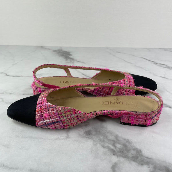 CHANEL Pink Tweed CC Logo Flats Size 37