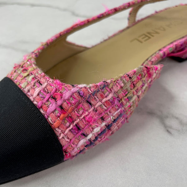 CHANEL Pink Tweed CC Logo Flats Size 37