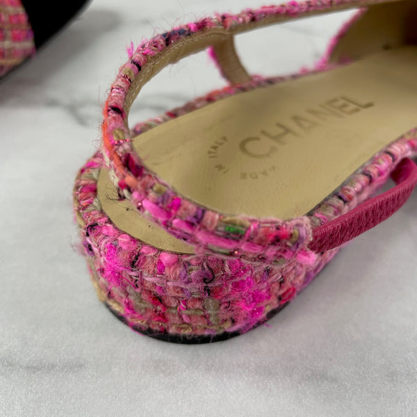 CHANEL Pink Tweed CC Logo Flats Size 37